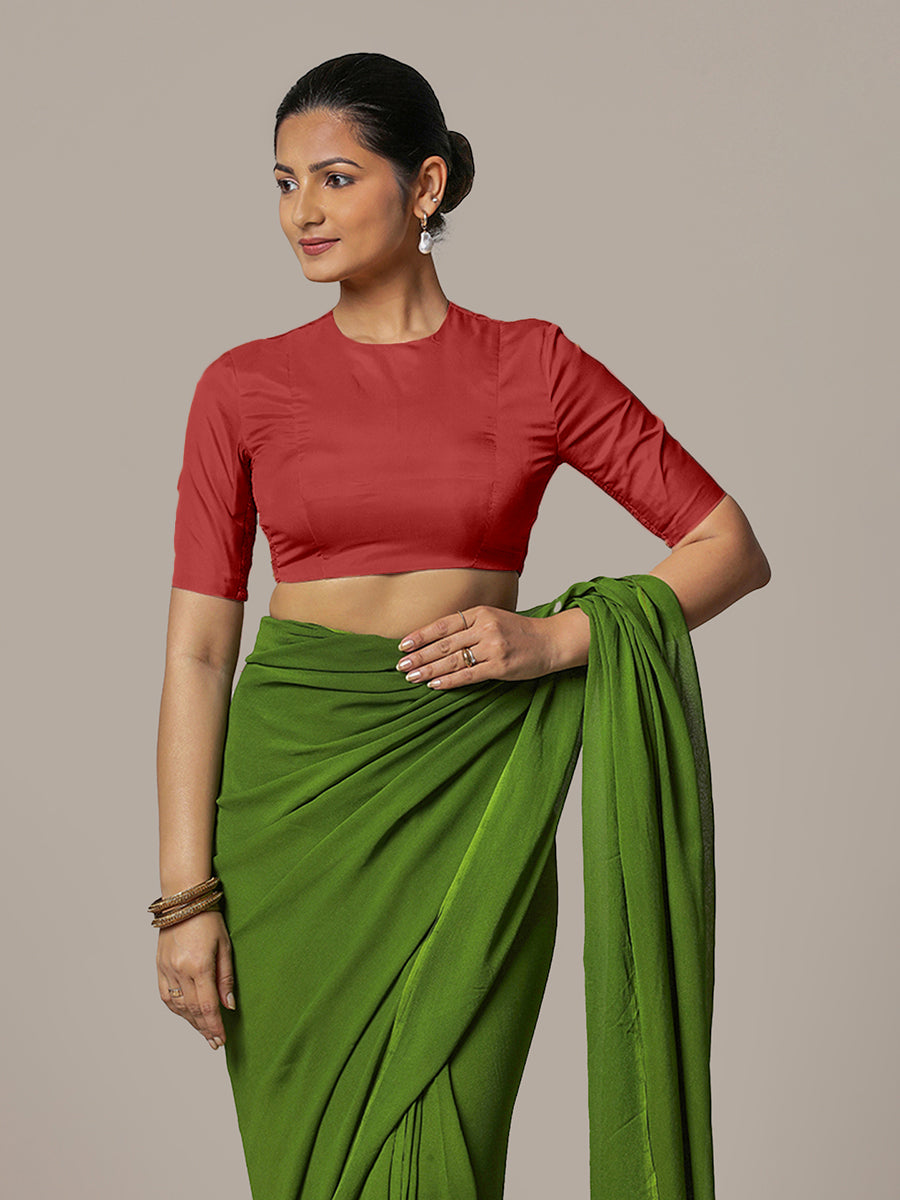 Myra x Rozaana Saree Blouse, in Red Vegan Silk, featuring elbow sleeves and jewel neckline, made for party & festive (view 6).