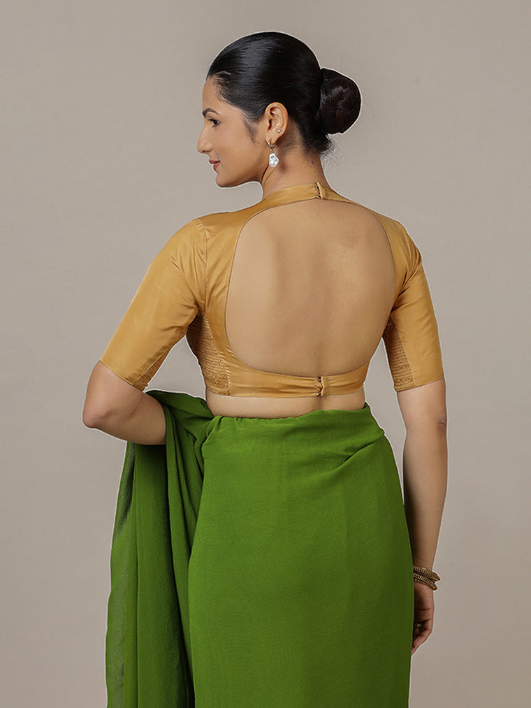 Myra x Rozaana Saree Blouse, in Gold Vegan Silk, featuring elbow sleeves and jewel neckline, made for party & festive (view 2).