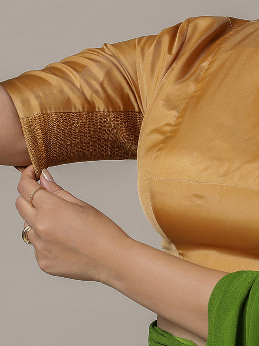 Myra x Rozaana Saree Blouse, in Gold Vegan Silk, featuring elbow sleeves and jewel neckline, made for party & festive (view 4).