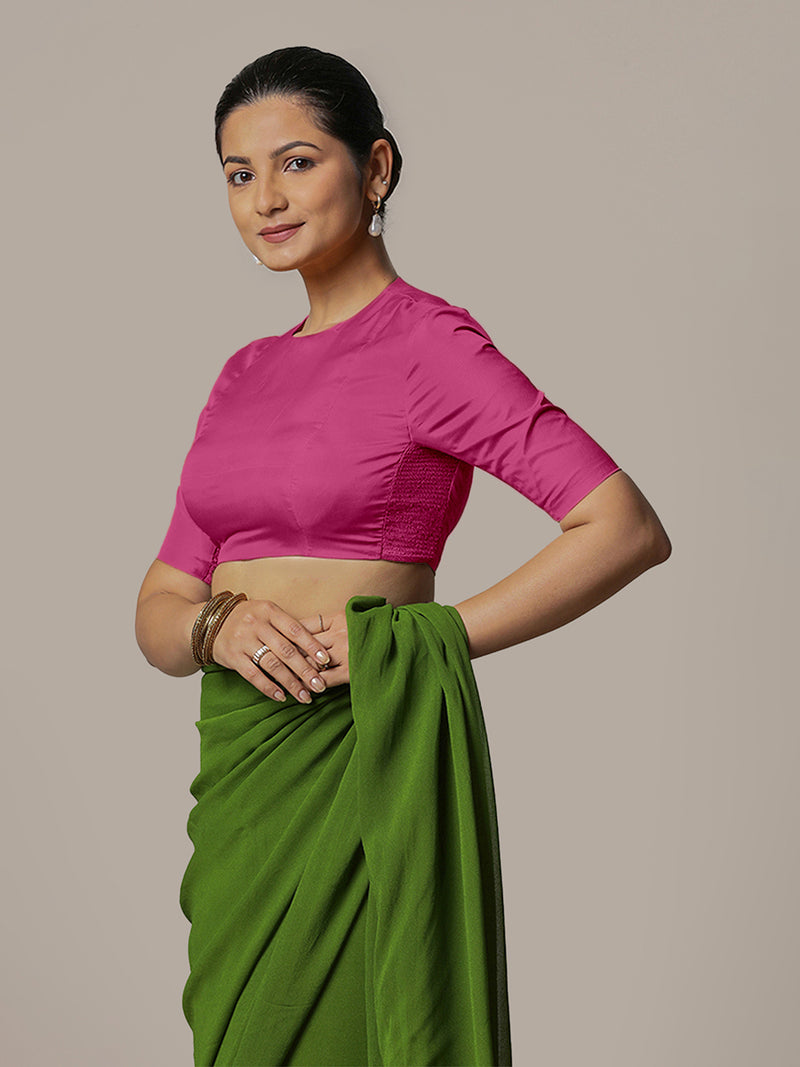 Myra x Rozaana | Elbow Sleeves Hot Pink FlexiFit™ Saree Blouse with Jewel Neck-Binks