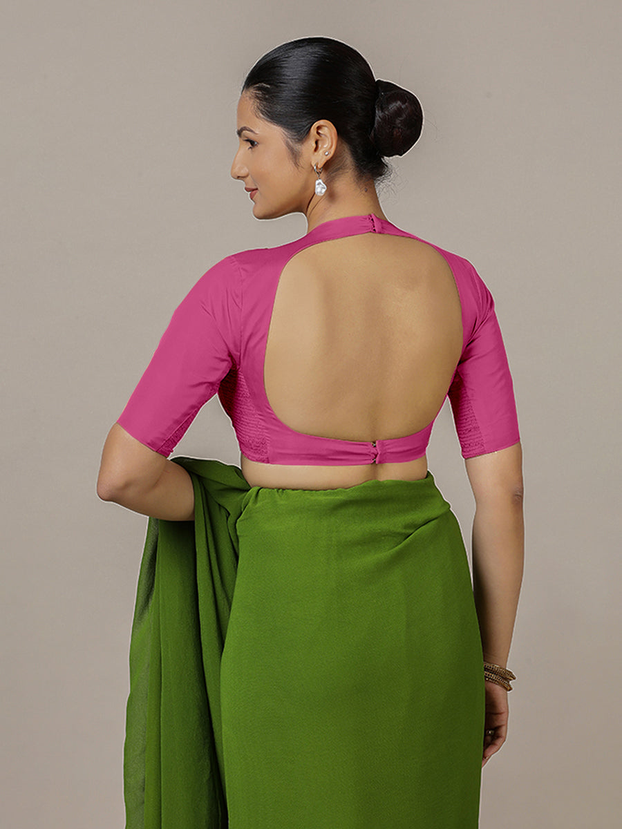 Myra x Rozaana Saree Blouse, in Pink Artificial Silk, featuring elbow sleeves and jewel neckline, made for party & festive.