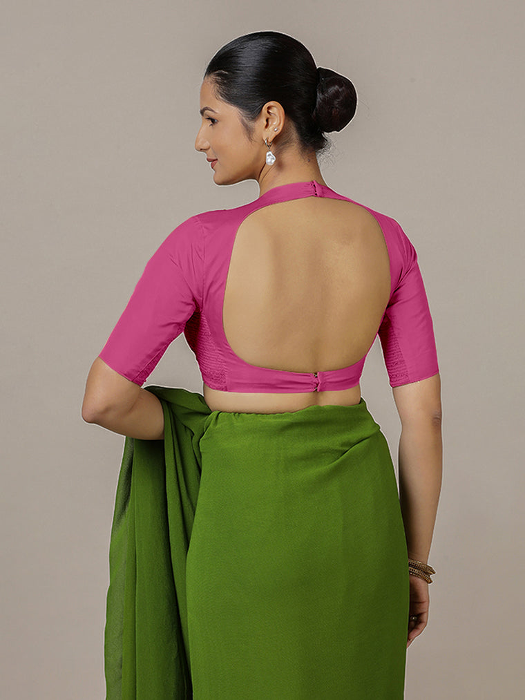 Myra x Rozaana Saree Blouse, in Pink Artificial Silk, featuring elbow sleeves and jewel neckline, made for party & festive.