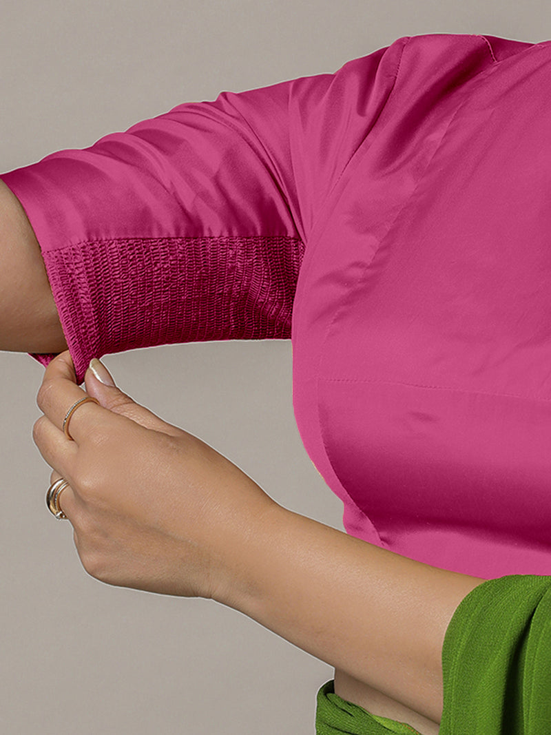 Myra x Rozaana | Elbow Sleeves Hot Pink FlexiFit™ Saree Blouse with Jewel Neck-Binks