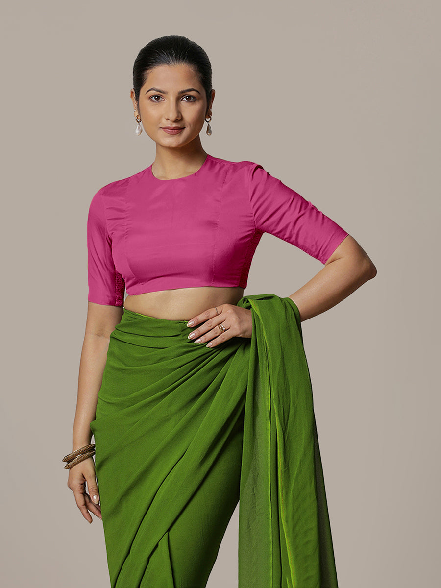Myra x Rozaana Saree Blouse, in Pink Artificial Silk, featuring elbow sleeves and jewel neckline, made for party & festive.