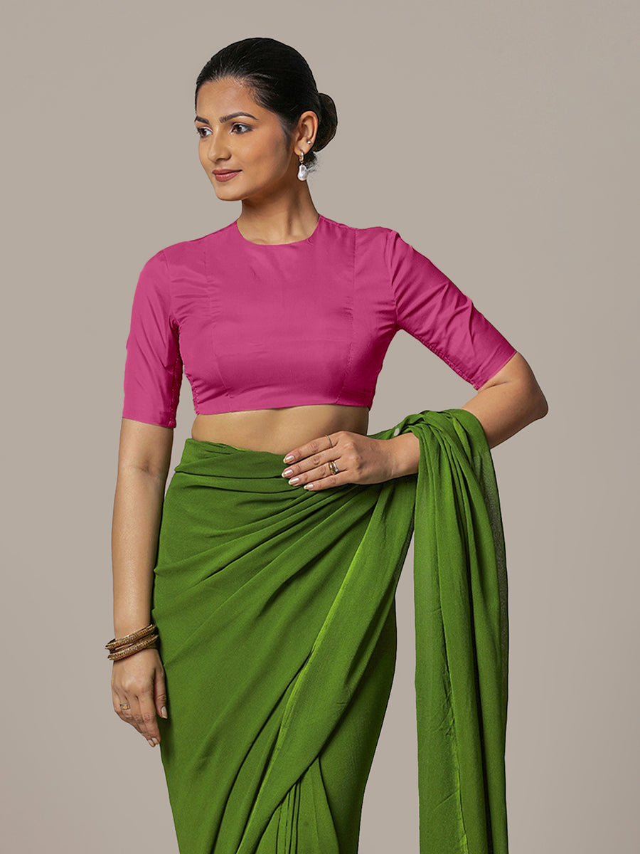 Myra x Rozaana Saree Blouse, in Pink Artificial Silk, featuring elbow sleeves and jewel neckline, made for party & festive.