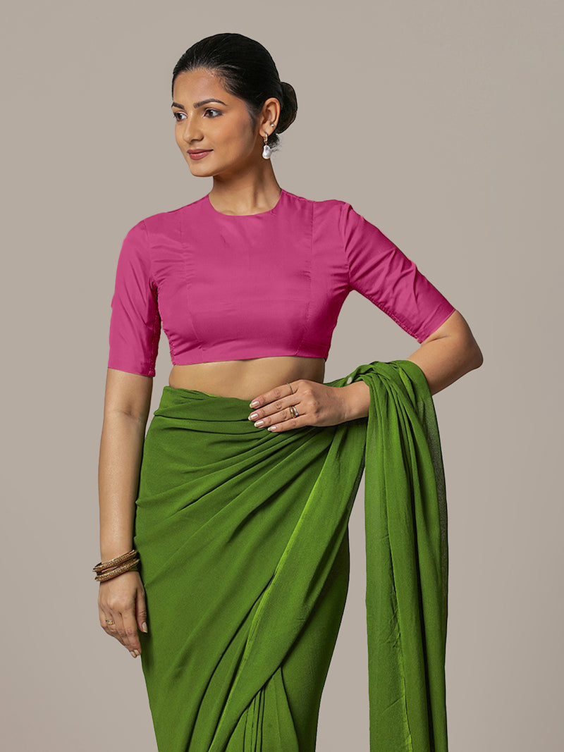 Myra x Rozaana | Elbow Sleeves Hot Pink FlexiFit™ Saree Blouse with Jewel Neck-Binks