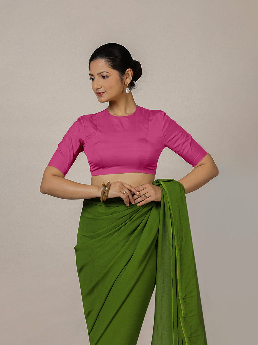 Myra x Rozaana Saree Blouse, in Pink Artificial Silk, featuring elbow sleeves and jewel neckline, made for party & festive.