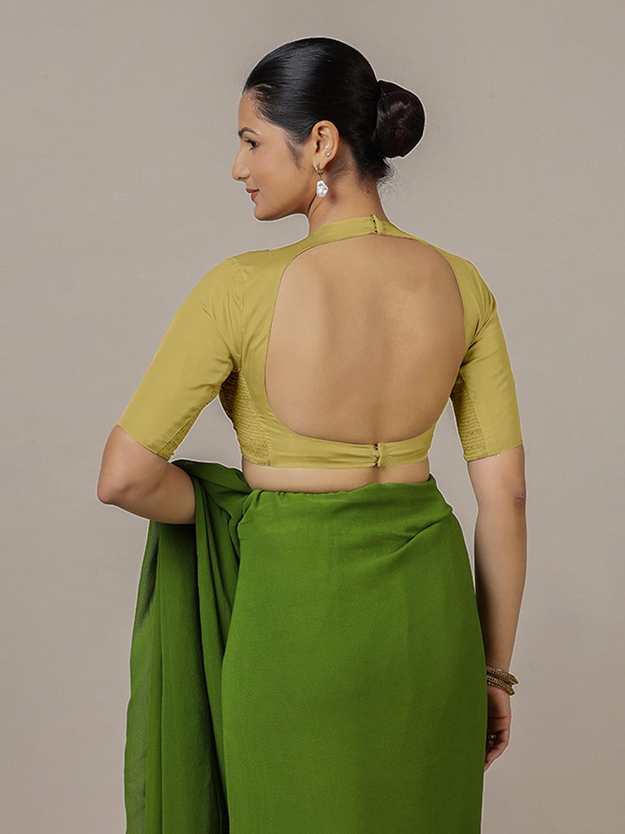 Myra x Rozaana Saree Blouse, in Yellow Vegan Silk, featuring elbow sleeves and jewel neckline, made for party & festive.