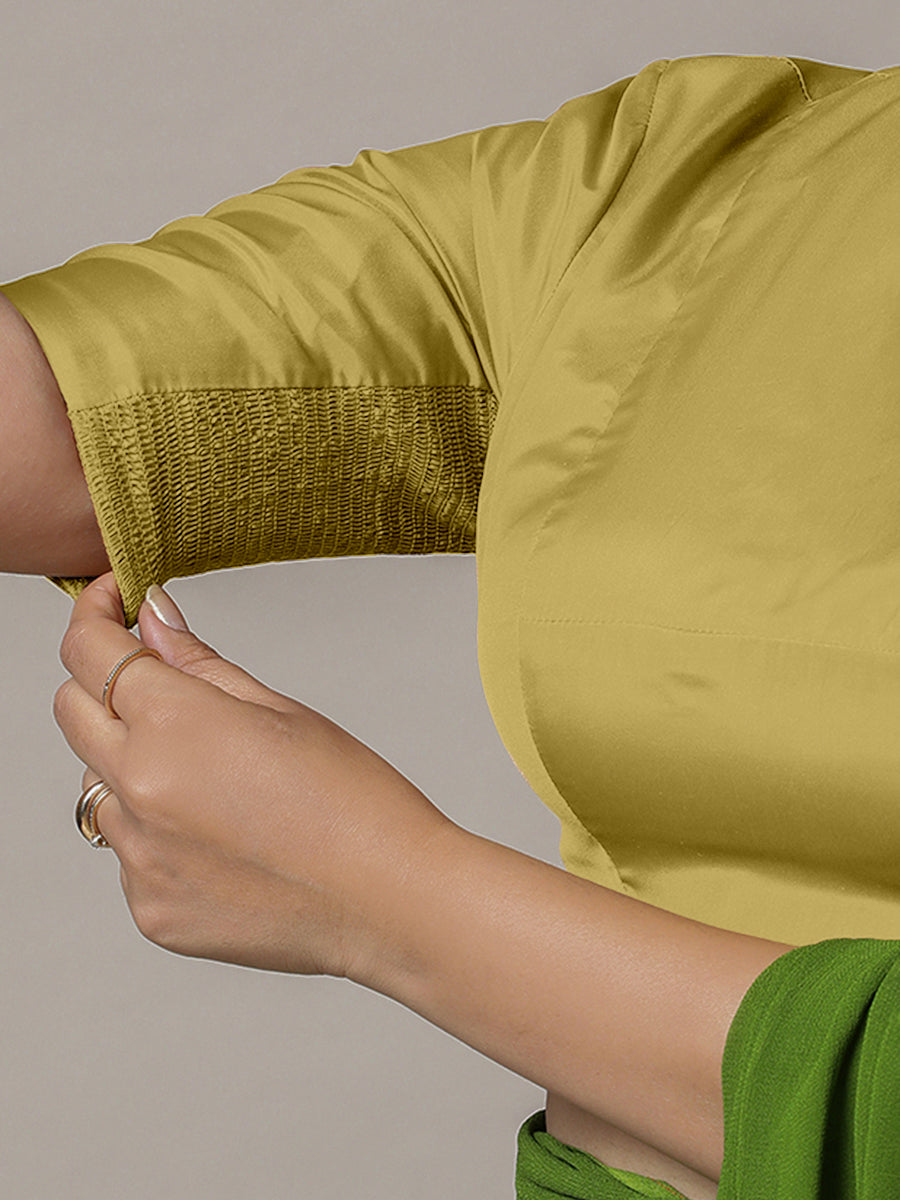 Myra x Rozaana Saree Blouse, in Yellow Vegan Silk, featuring elbow sleeves and jewel neckline, made for party & festive.