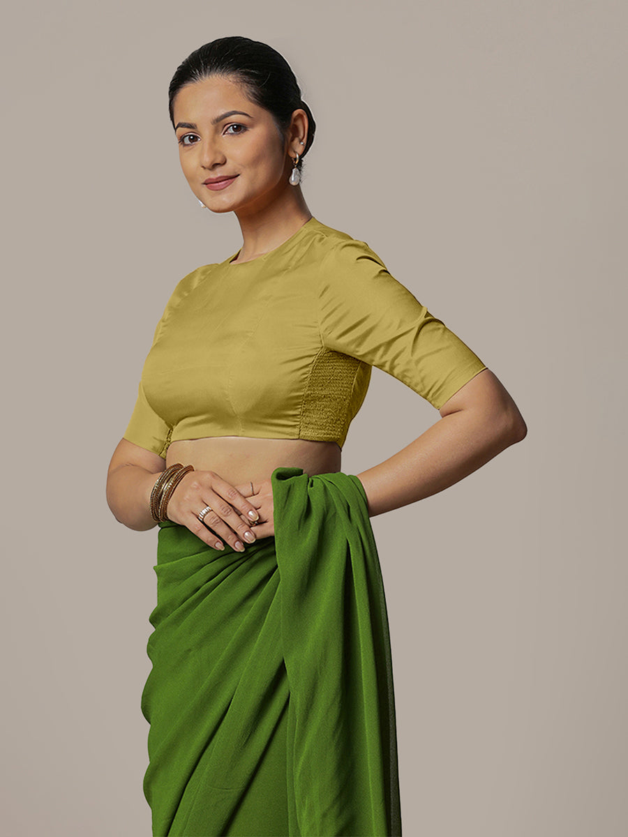 Myra x Rozaana Saree Blouse, in Yellow Vegan Silk, featuring elbow sleeves and jewel neckline, made for party & festive.