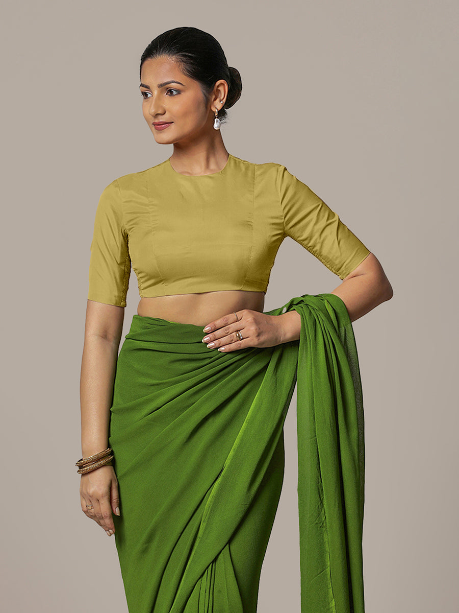 Myra x Rozaana Saree Blouse, in Yellow Vegan Silk, featuring elbow sleeves and jewel neckline, made for party & festive.