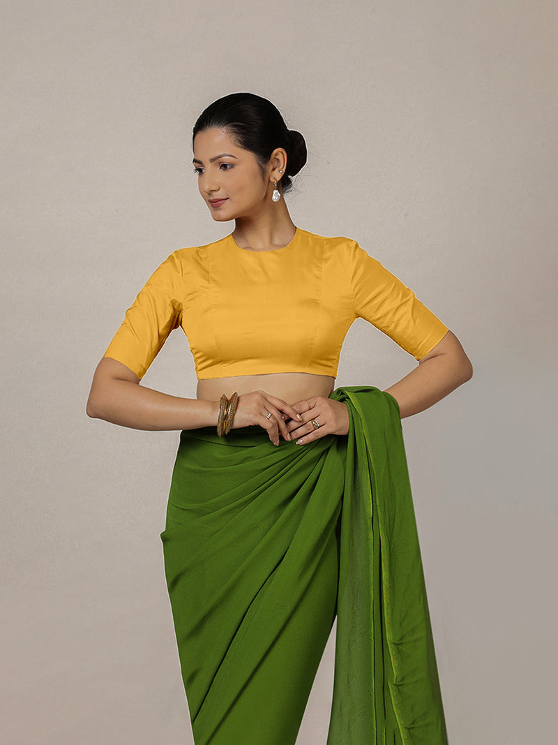 Myra x Rozaana | Elbow Sleeves Marigold Yellow FlexiFit™ Saree Blouse with Jewel Neck-Binks