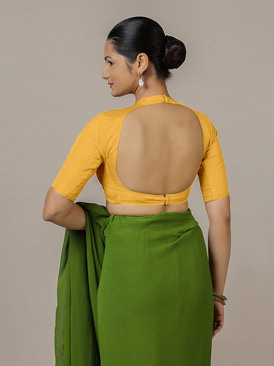 Myra x Rozaana Saree Blouse, in Yellow Artificial Silk, featuring elbow sleeves and jewel neckline, made for party & festive.