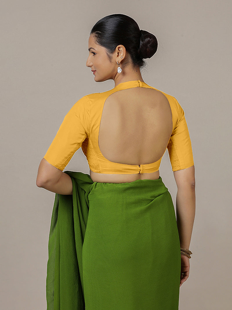 Myra x Rozaana | Elbow Sleeves Marigold Yellow FlexiFit™ Saree Blouse with Jewel Neck-Binks