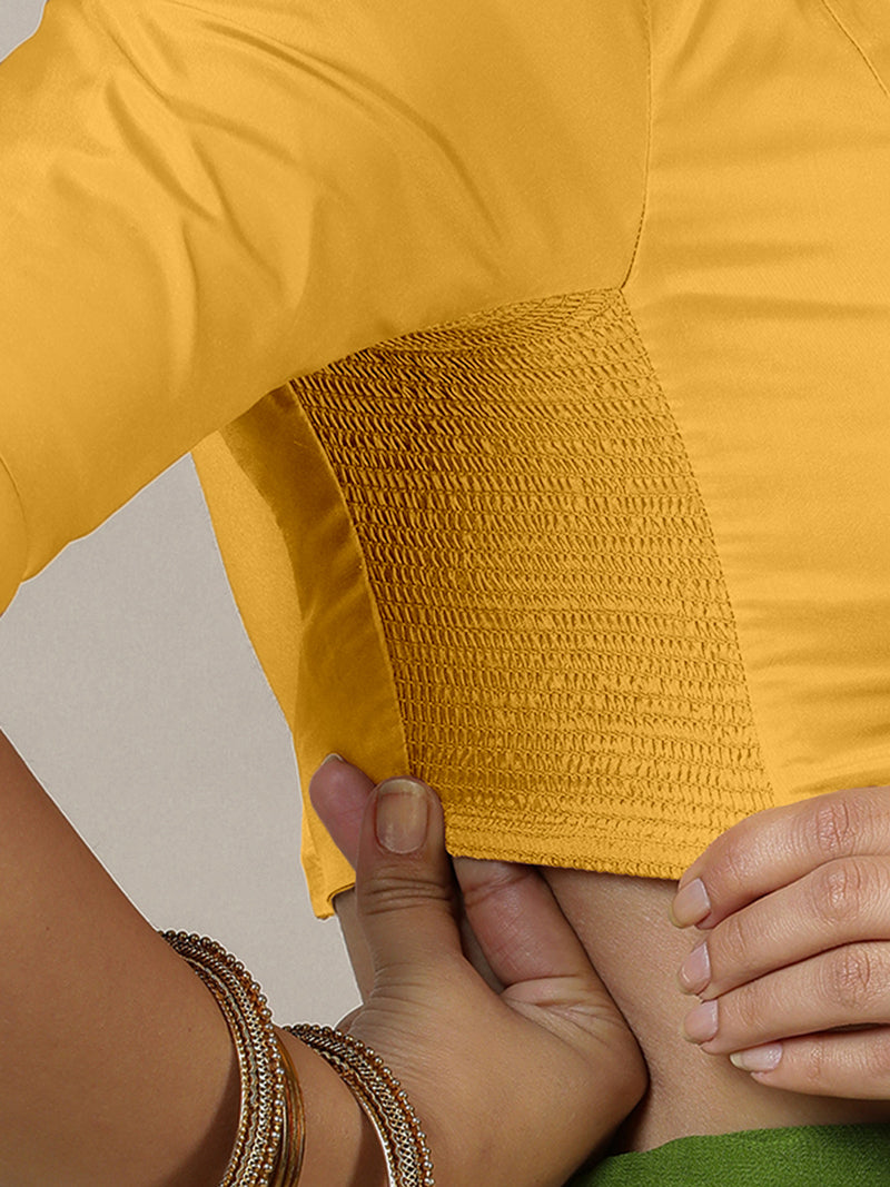 Myra x Rozaana | Elbow Sleeves Marigold Yellow FlexiFit™ Saree Blouse with Jewel Neck-Binks