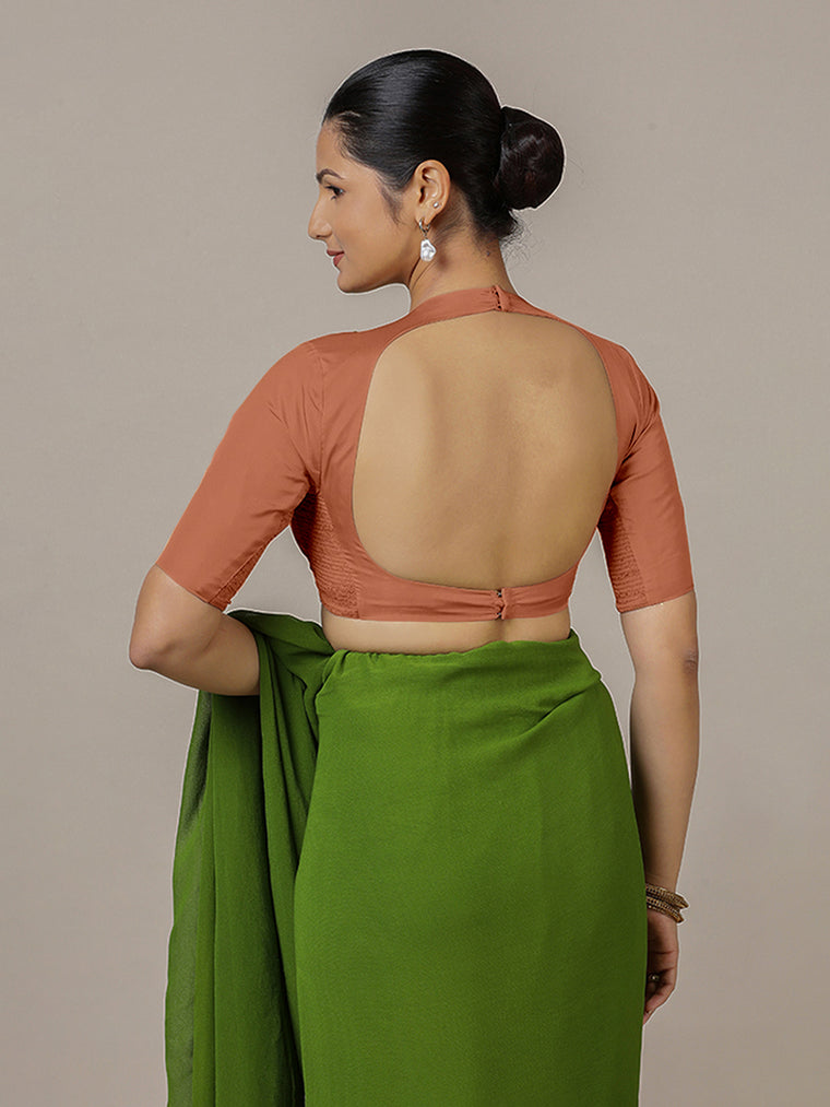 Myra x Rozaana Saree Blouse, in Copper Vegan Silk, featuring elbow sleeves and jewel neckline, made for party & festive.