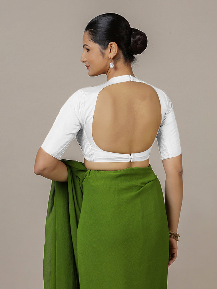 Myra x Rozaana Saree Blouse, in White Vegan Silk, featuring elbow sleeves and jewel neckline, made for party & festive (view 2).