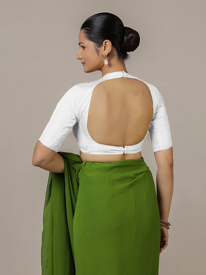 Myra x Rozaana | Pearl White Backless Saree Blouse w/ FlexiFit™-Binks