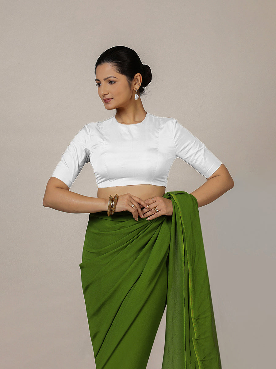 Myra x Rozaana Saree Blouse, in White Vegan Silk, featuring elbow sleeves and jewel neckline, made for party & festive (view 8).