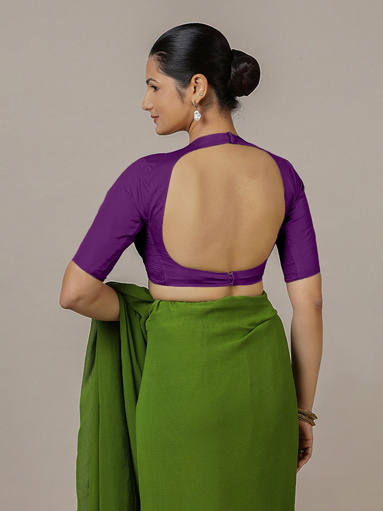 Myra x Rozaana Saree Blouse, in Purple Vegan Silk, featuring elbow sleeves and jewel neckline, made for party & festive.