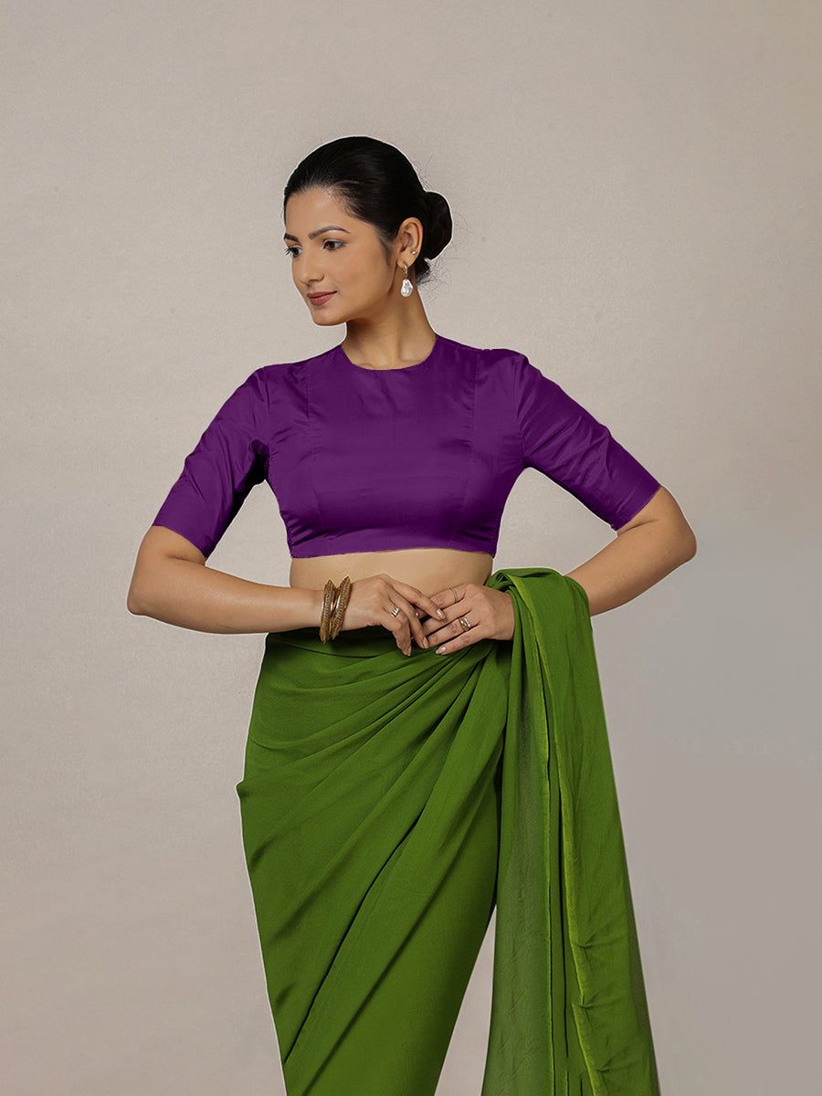 Myra x Rozaana Saree Blouse, in Purple Vegan Silk, featuring elbow sleeves and jewel neckline, made for party & festive.