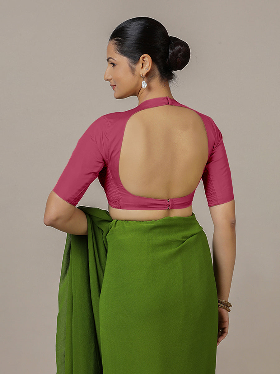 Myra x Rozaana Saree Blouse, in Pink Vegan Silk, featuring elbow sleeves and jewel neckline, made for party & festive (view 2).