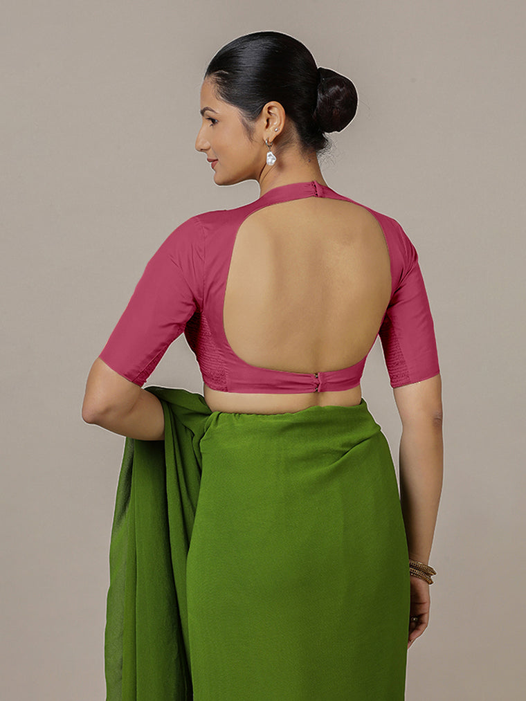 Myra x Rozaana Saree Blouse, in Pink Vegan Silk, featuring elbow sleeves and jewel neckline, made for party & festive (view 2).