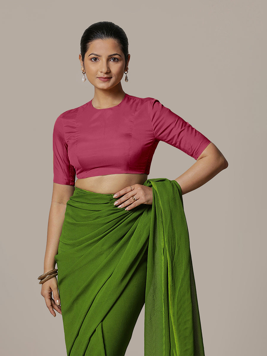 Myra x Rozaana Saree Blouse, in Pink Vegan Silk, featuring elbow sleeves and jewel neckline, made for party & festive (view 5).