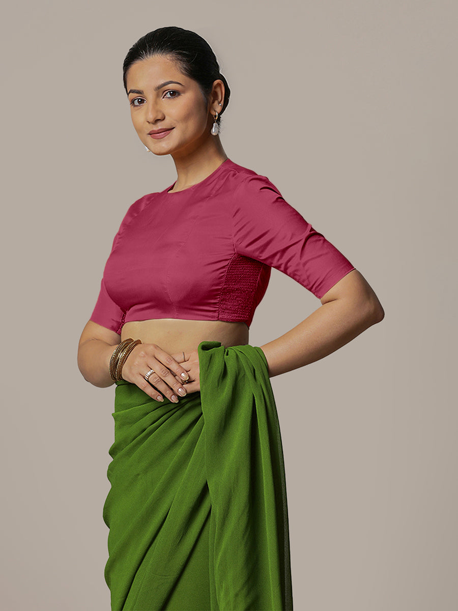 Myra x Rozaana Saree Blouse, in Pink Vegan Silk, featuring elbow sleeves and jewel neckline, made for party & festive (view 6).