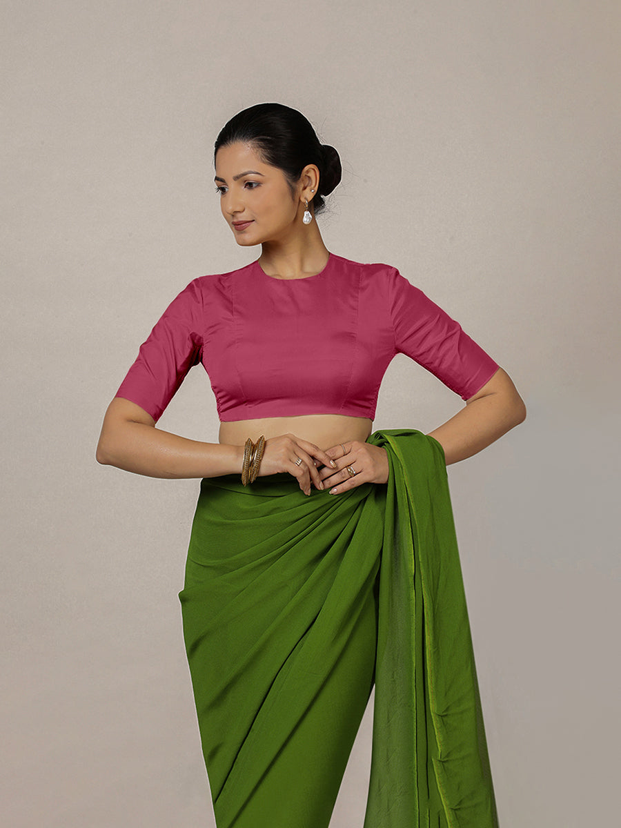 Myra x Rozaana Saree Blouse, in Pink Vegan Silk, featuring elbow sleeves and jewel neckline, made for party & festive (view 8).
