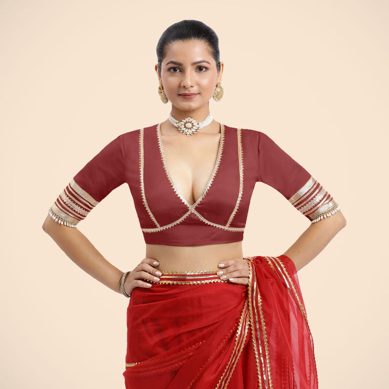 Nafeeza x Tyohaar | Auburn Red Embellished Elbow Sleeves FlexiFit™ Saree Blouse with Plunging V Neckline with Tasteful Golden Gota Lace-Binks