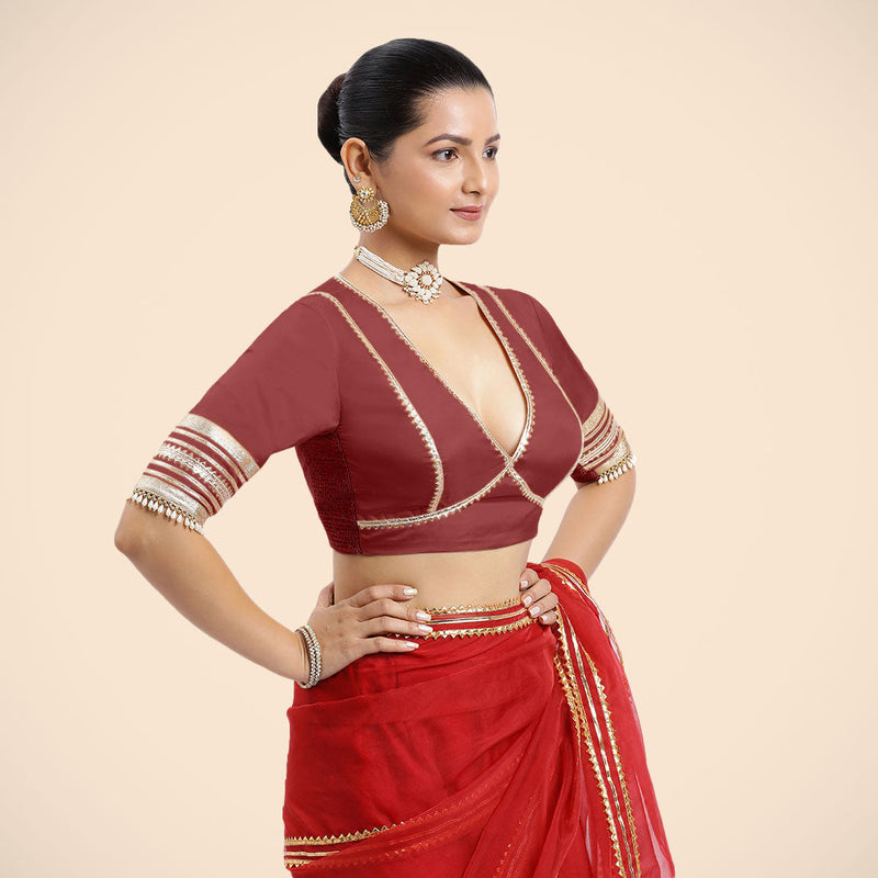 Nafeeza x Tyohaar | Auburn Red Embellished Elbow Sleeves FlexiFit™ Saree Blouse with Plunging V Neckline with Tasteful Golden Gota Lace-Binks