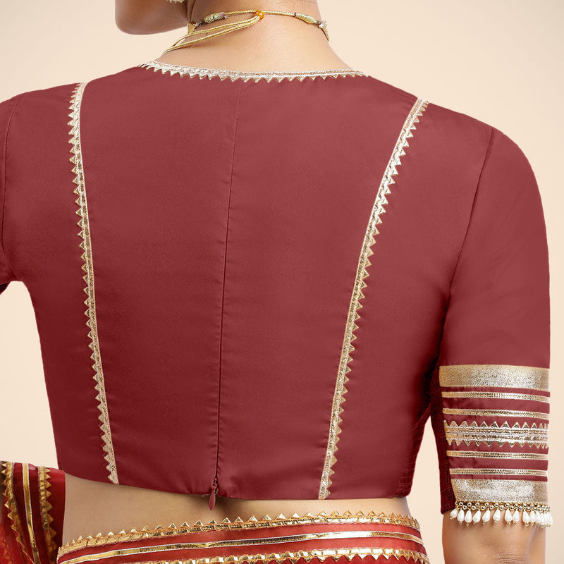 Nafeeza x Tyohaar | Auburn Red Embellished Elbow Sleeves FlexiFit™ Saree Blouse with Plunging V Neckline with Tasteful Golden Gota Lace-Binks