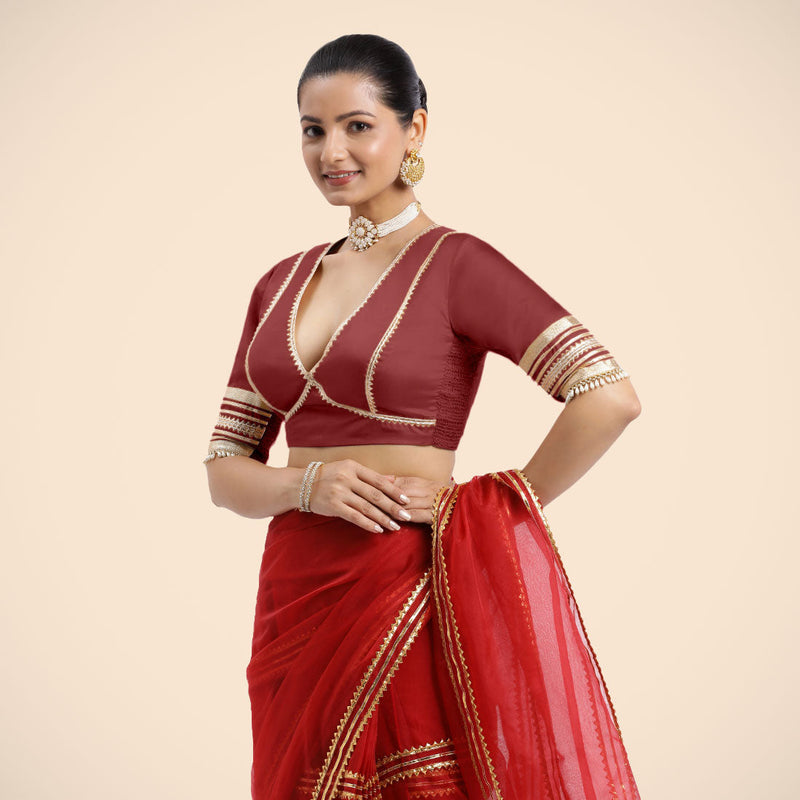 Nafeeza x Tyohaar | Auburn Red Embellished Elbow Sleeves FlexiFit™ Saree Blouse with Plunging V Neckline with Tasteful Golden Gota Lace-Binks