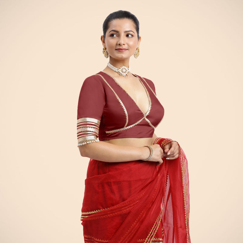 Nafeeza x Tyohaar | Auburn Red Embellished Elbow Sleeves FlexiFit™ Saree Blouse with Plunging V Neckline with Tasteful Golden Gota Lace-Binks