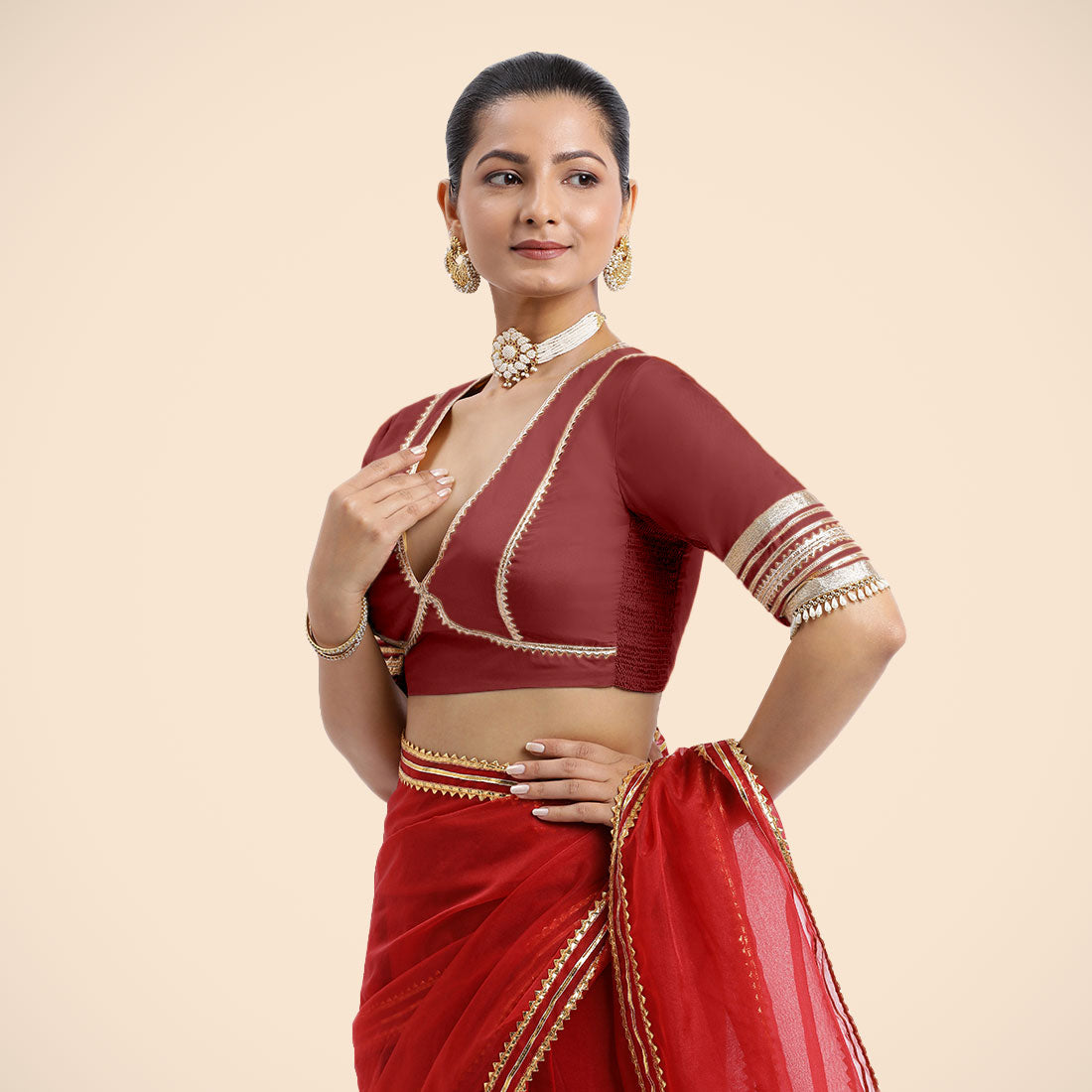 Nafeeza x Tyohaar Saree Blouse, in Red Vegan Silk, featuring elbow sleeves and v-neckline, made for party & festive (view 4).