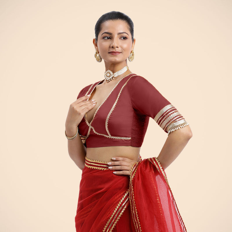 Nafeeza x Tyohaar | Auburn Red Embellished Elbow Sleeves FlexiFit™ Saree Blouse with Plunging V Neckline with Tasteful Golden Gota Lace-Binks