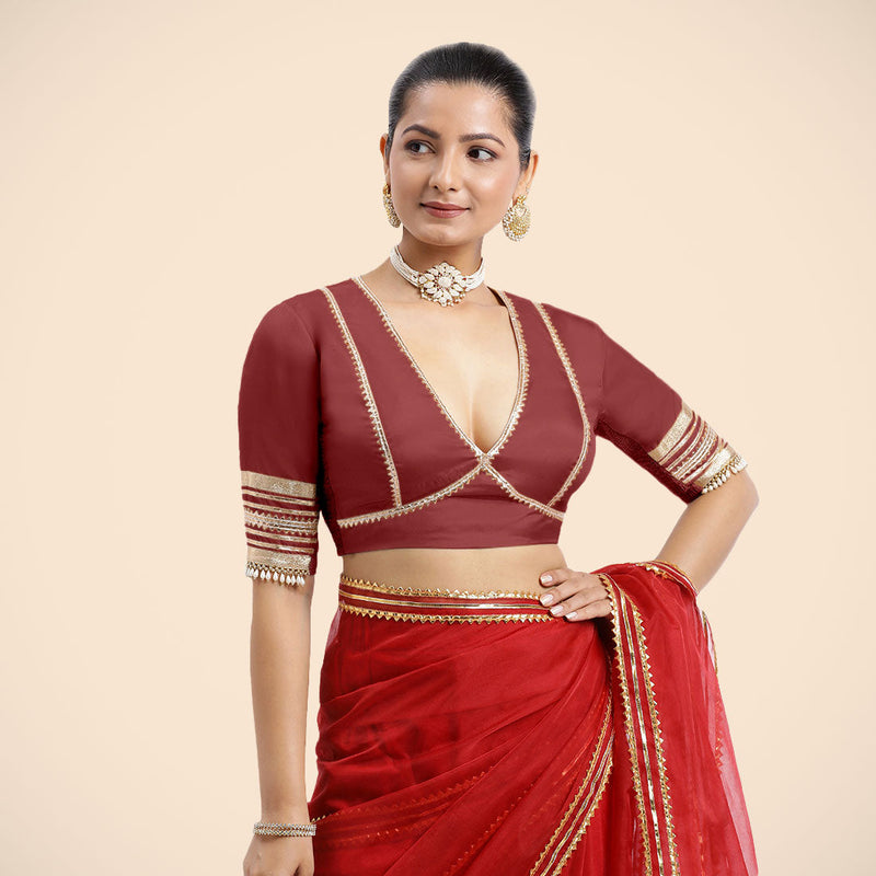 Nafeeza x Tyohaar | Auburn Red Embellished Elbow Sleeves FlexiFit™ Saree Blouse with Plunging V Neckline with Tasteful Golden Gota Lace-Binks