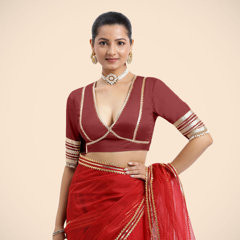 Nafeeza x Tyohaar | Auburn Red Embellished Elbow Sleeves FlexiFit™ Saree Blouse with Plunging V Neckline with Tasteful Golden Gota Lace-Binks