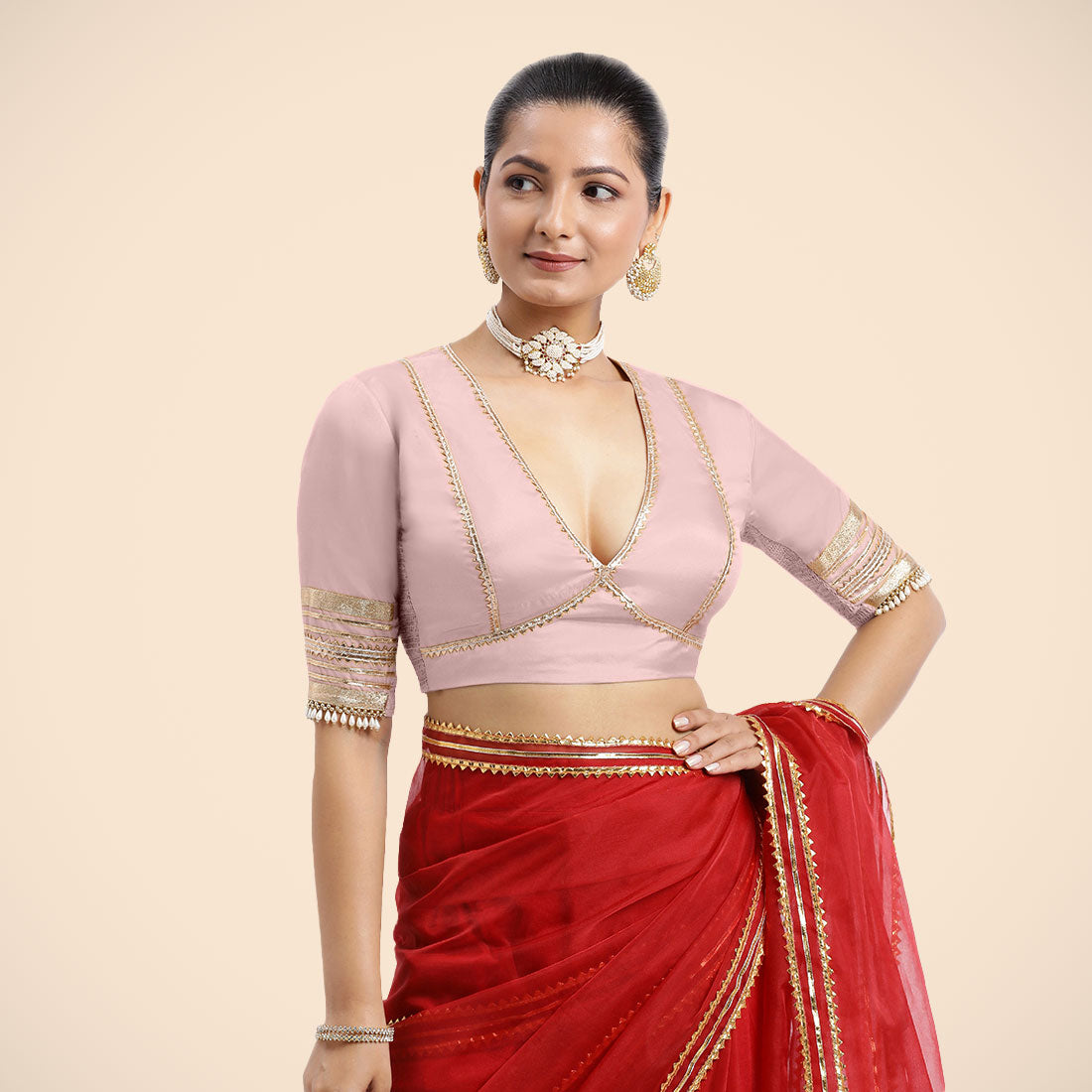 Nafeeza x Tyohaar Saree Blouse, in Pink Vegan Silk, featuring elbow sleeves and v-neckline, made for party & festive.