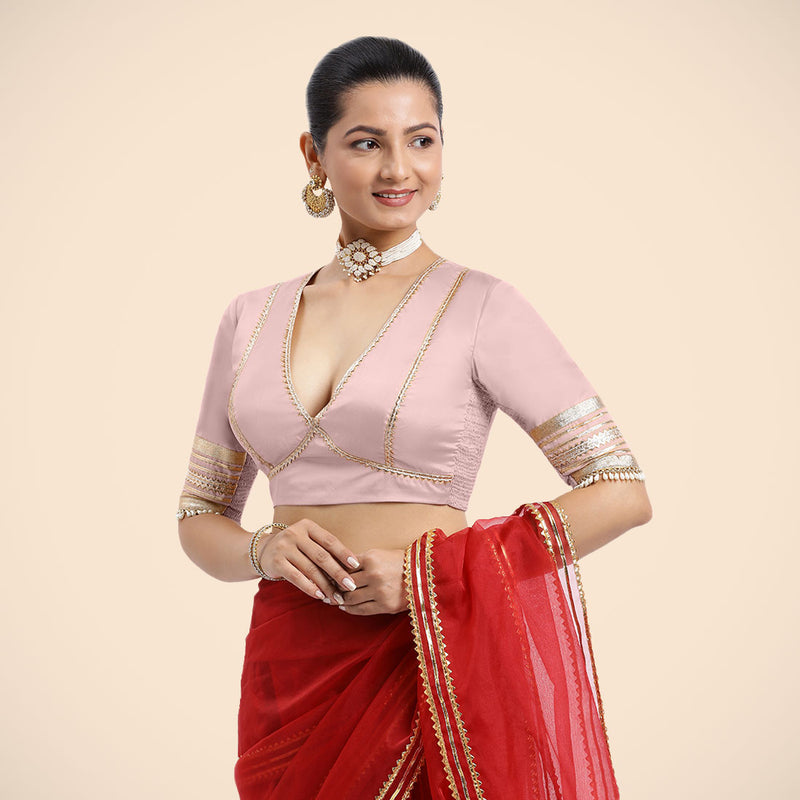 Nafeeza x Tyohaar | Elbow Sleeves Baby Pink FlexiFit™ Gota Embellished Saree Blouse with Plunging V-Neck-Binks