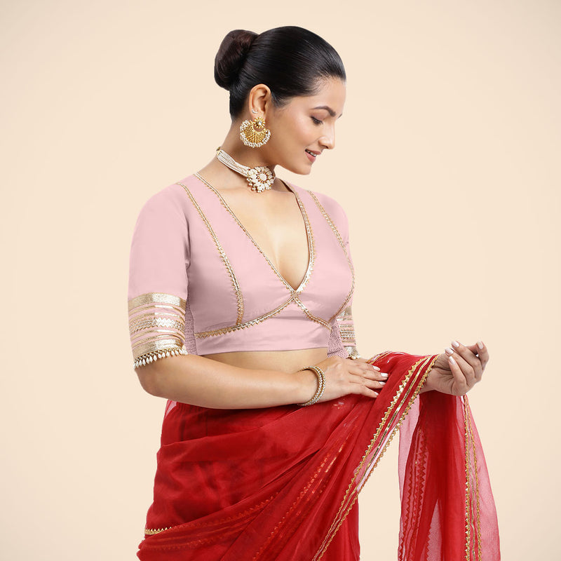 Nafeeza x Tyohaar | Elbow Sleeves Baby Pink FlexiFit™ Gota Embellished Saree Blouse with Plunging V-Neck-Binks
