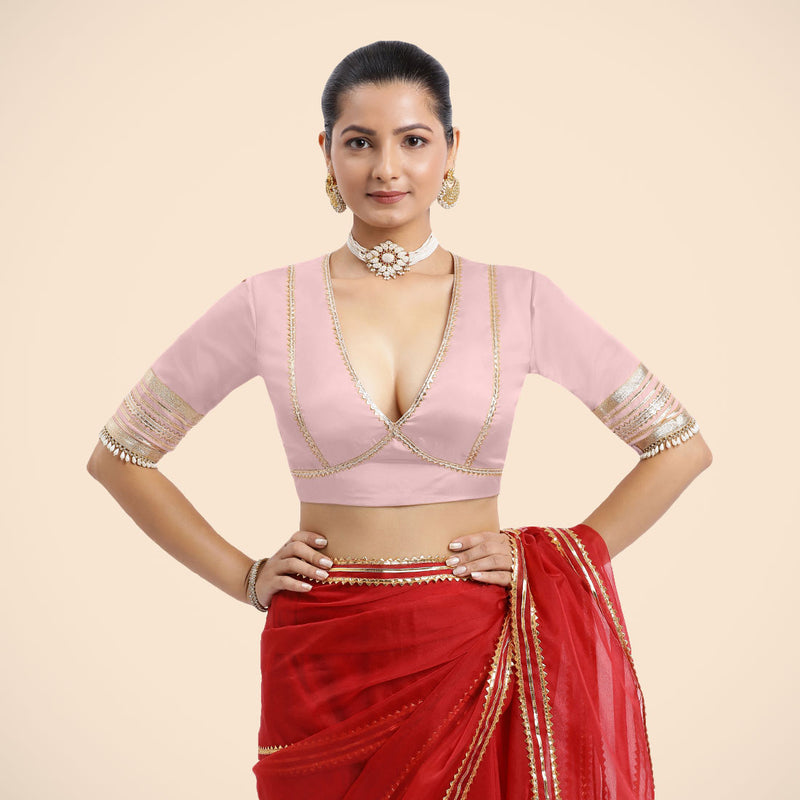 Nafeeza x Tyohaar | Elbow Sleeves Baby Pink FlexiFit™ Gota Embellished Saree Blouse with Plunging V-Neck-Binks