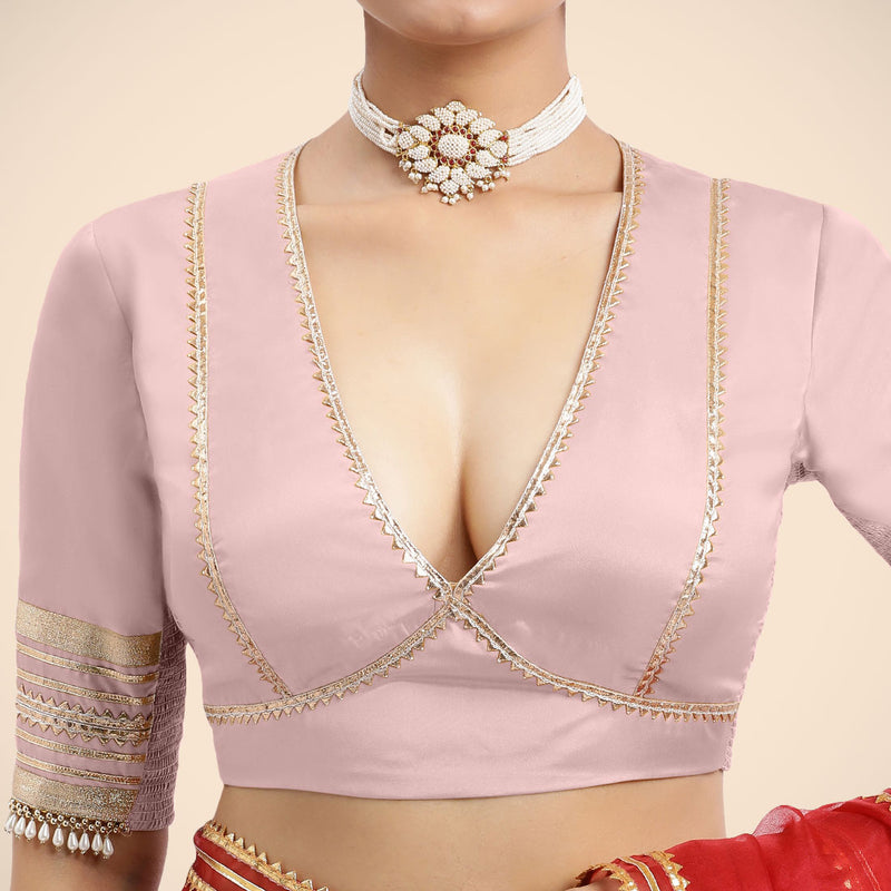 Nafeeza x Tyohaar | Elbow Sleeves Baby Pink FlexiFit™ Gota Embellished Saree Blouse with Plunging V-Neck-Binks