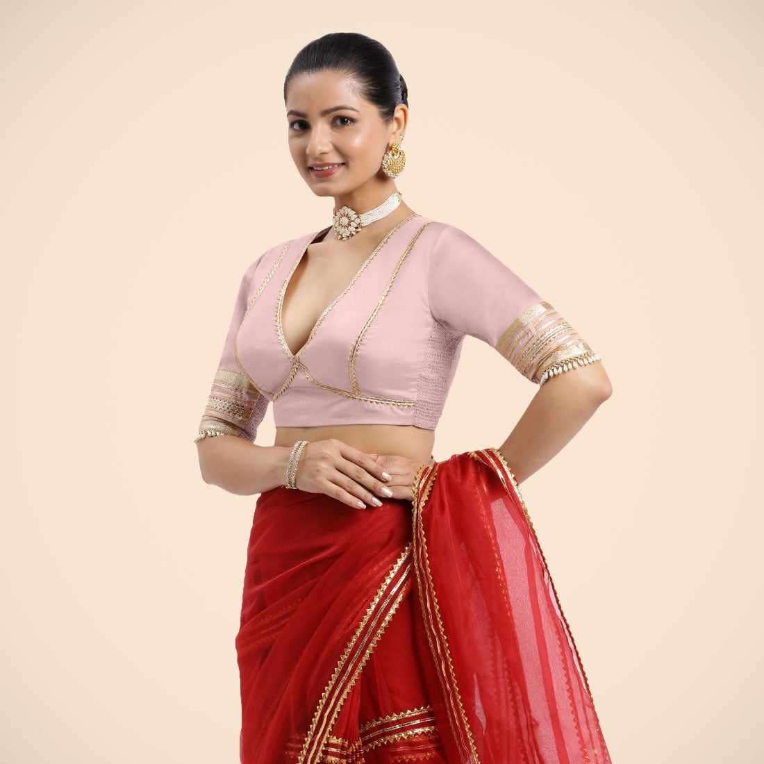 Nafeeza x Tyohaar Saree Blouse, in Pink Vegan Silk, featuring elbow sleeves and v-neckline, made for party & festive (view 6).