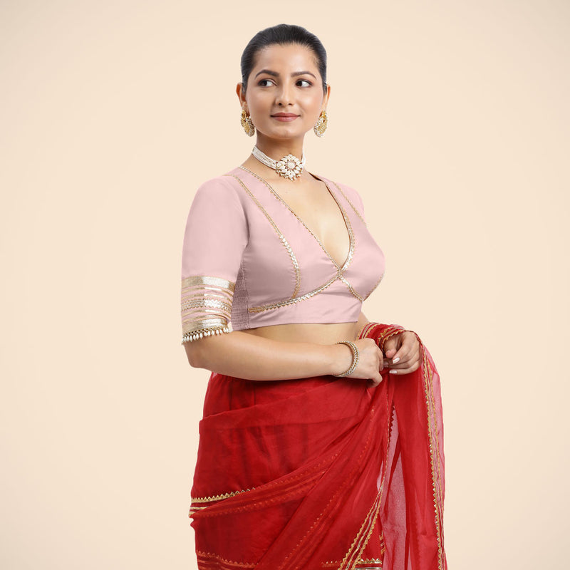 Nafeeza x Tyohaar | Elbow Sleeves Baby Pink FlexiFit™ Gota Embellished Saree Blouse with Plunging V-Neck-Binks