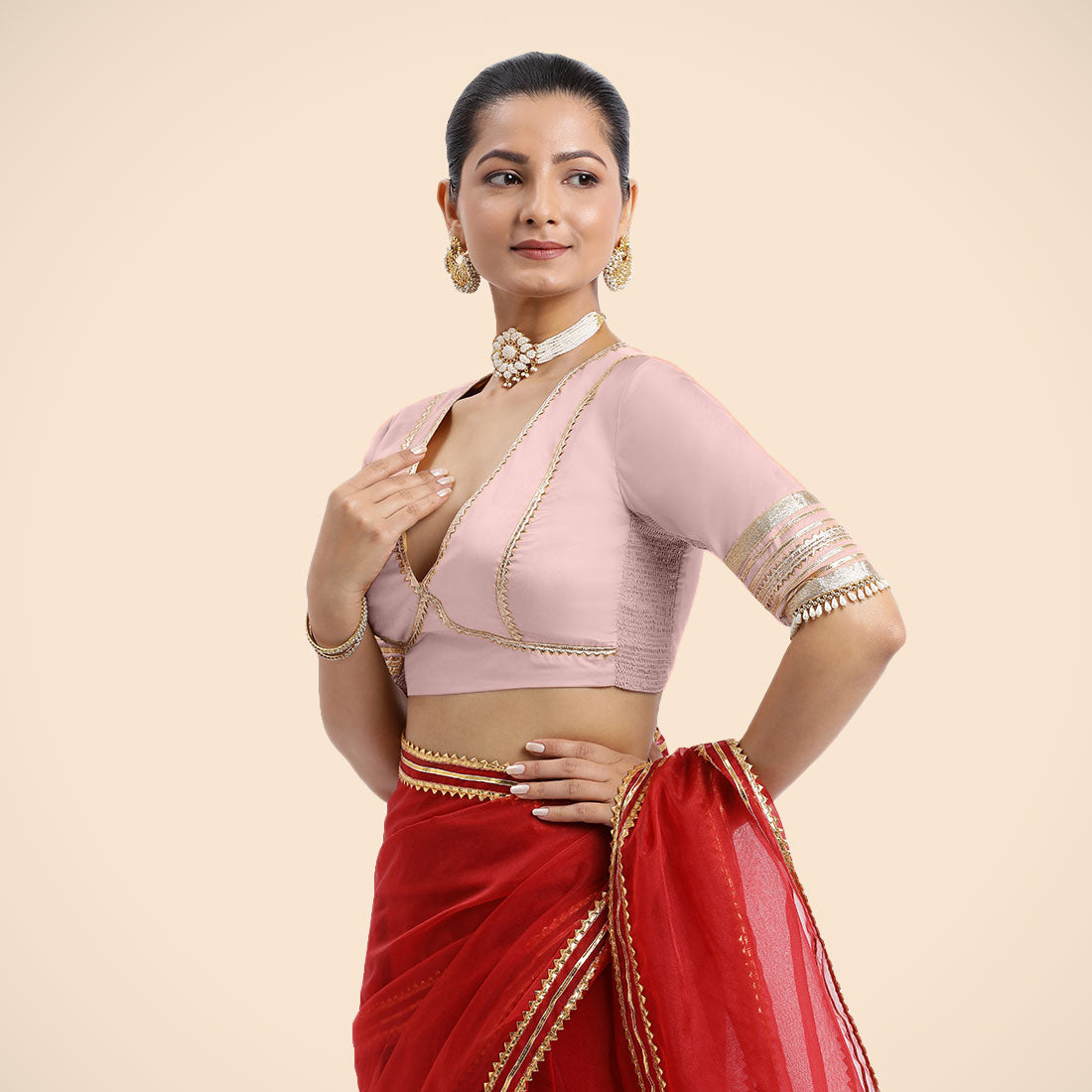 Nafeeza x Tyohaar Saree Blouse, in Pink Vegan Silk, featuring elbow sleeves and v-neckline, made for party & festive (view 8).