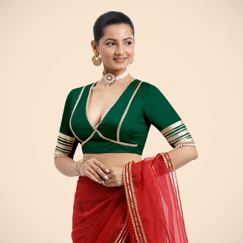 Nafeeza x Tyohaar | Bottle Green Embellished Elbow Sleeves FlexiFit™ Saree Blouse with Plunging V Neckline with Tasteful Golden Gota Lace-Binks
