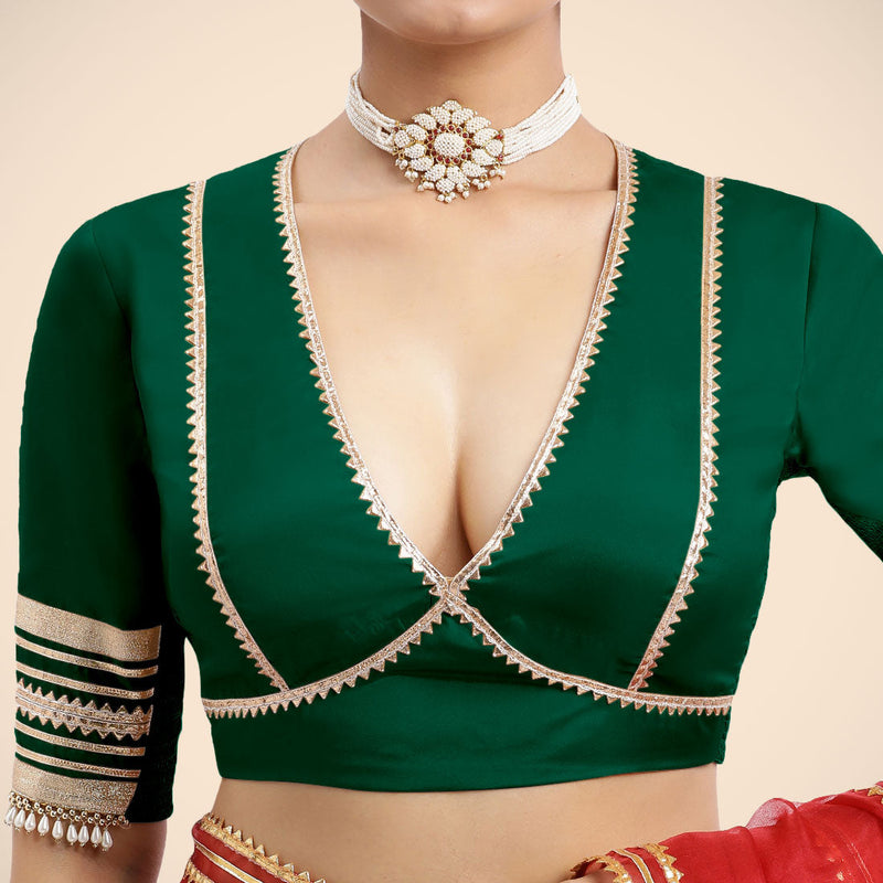 Nafeeza x Tyohaar | Bottle Green Embellished Elbow Sleeves FlexiFit™ Saree Blouse with Plunging V Neckline with Tasteful Golden Gota Lace-Binks