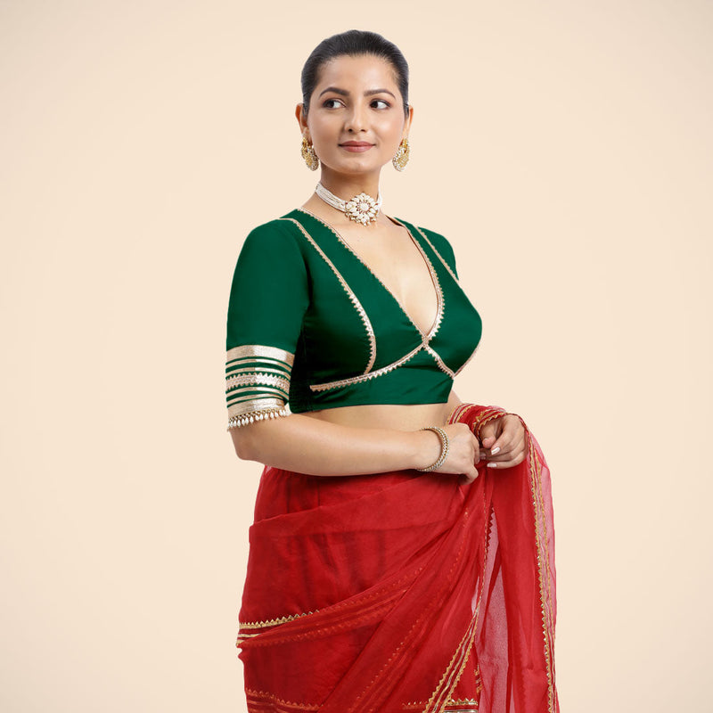 Nafeeza x Tyohaar | Bottle Green Embellished Elbow Sleeves FlexiFit™ Saree Blouse with Plunging V Neckline with Tasteful Golden Gota Lace-Binks